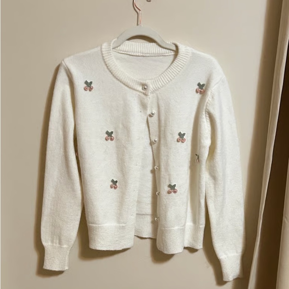 White Cherry Embroidered Women's Sweater